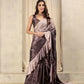 Wine Satin Solid Designer, Printed Party Wear Ready To Wear Saree - Nasreen | Swadesiicart