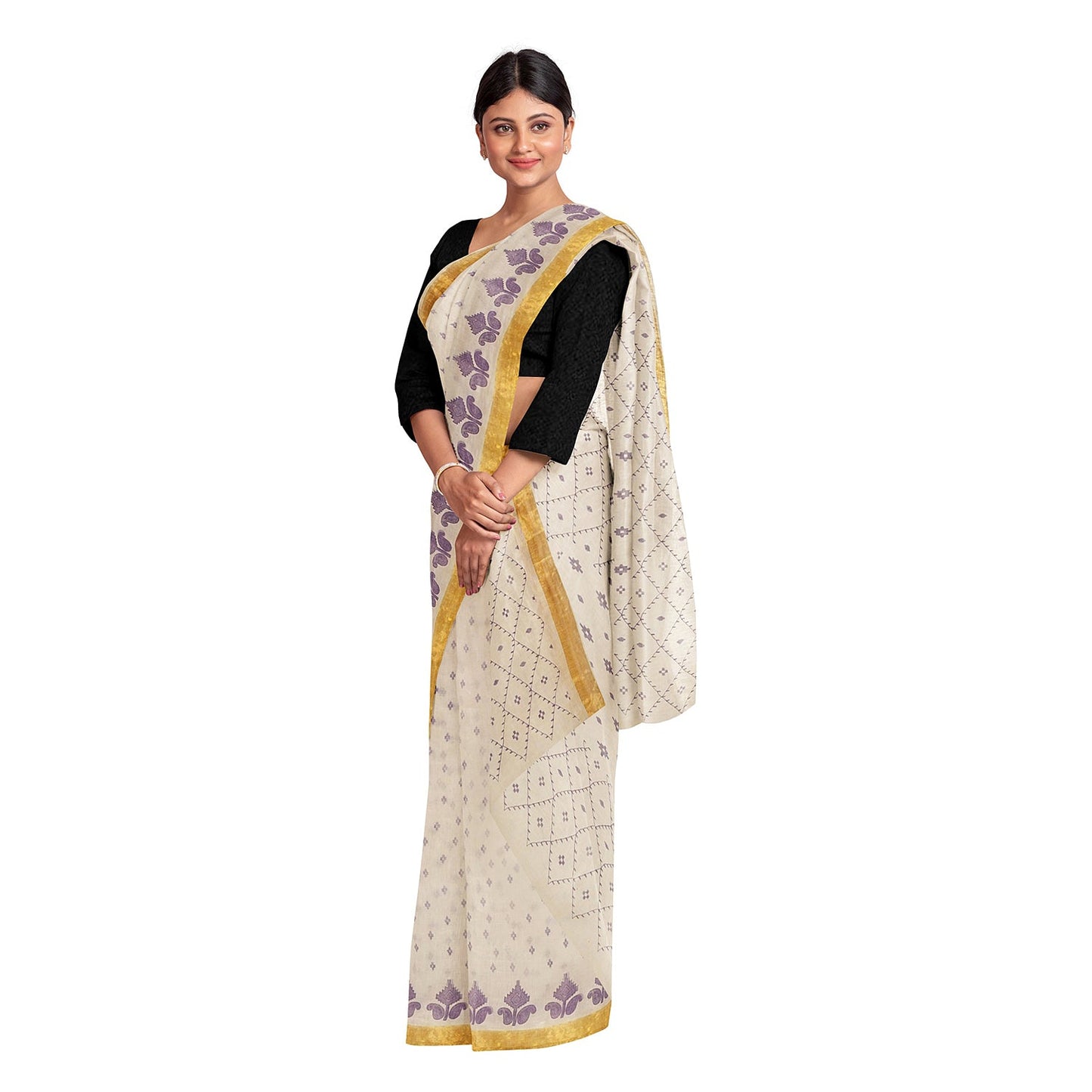 Exclusive Collection 100% Pure Cotton Off White Violet Saree With Printed Work - Swadesiicart