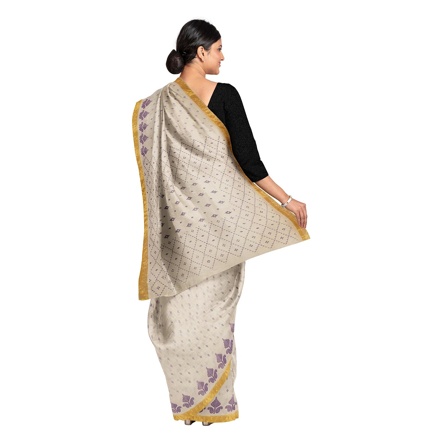 Exclusive Collection 100% Pure Cotton Off White Violet Saree With Printed Work - Swadesiicart