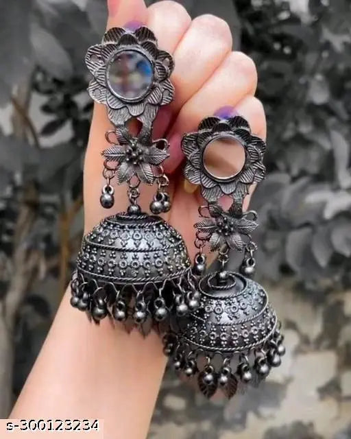 Tehzeeb Creations Women's Black Colour Oxidised Earrings With Mirror And Jhumki Style | Swadesiicart