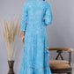 Juniper Women's Skyblue Printed Embroidered Mirror Work Sequin Cotton Flared Dress | Swadesiicart