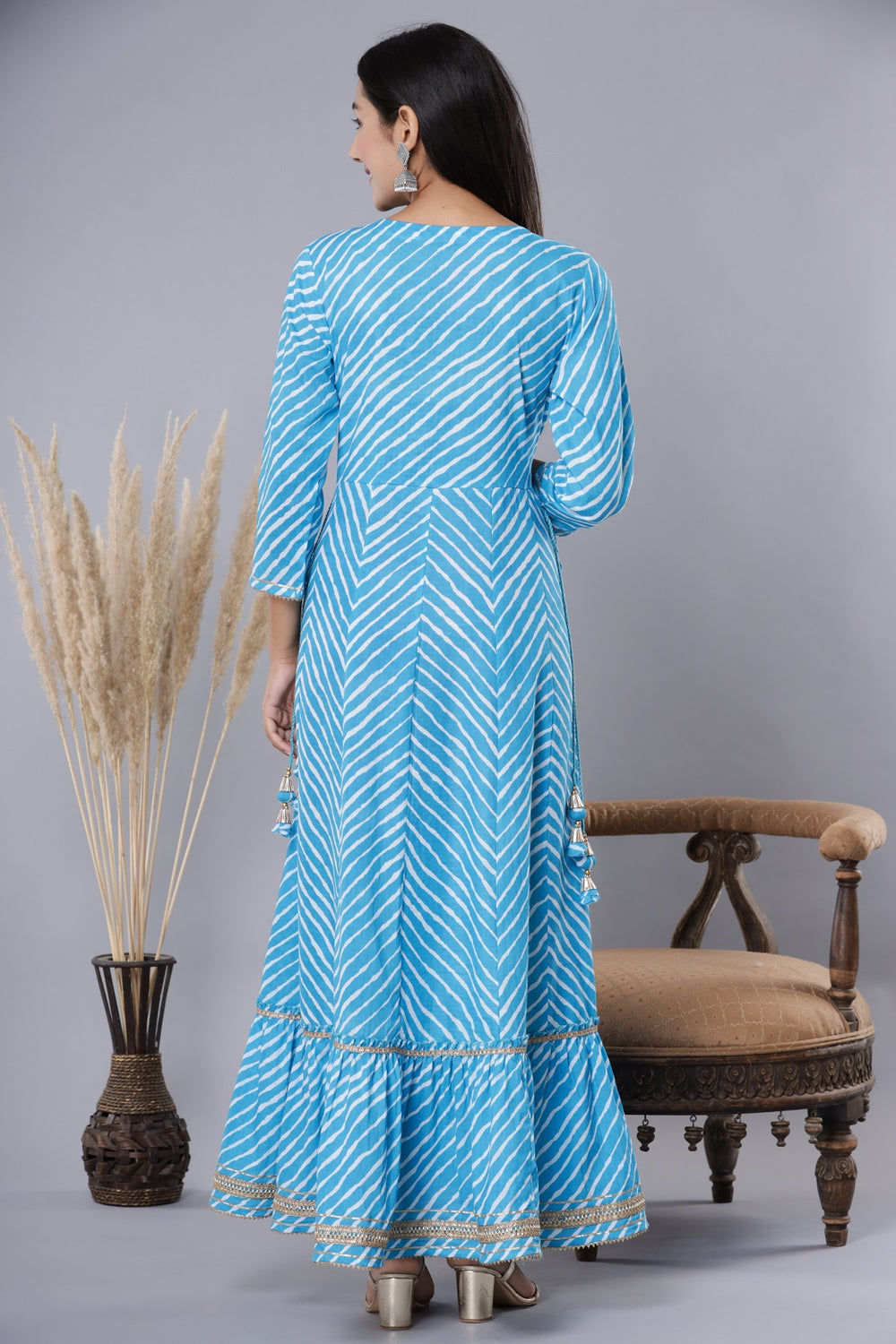 Juniper Women's Skyblue Printed Embroidered Mirror Work Sequin Cotton Flared Dress | Swadesiicart