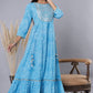 Juniper Women's Skyblue Printed Embroidered Mirror Work Sequin Cotton Flared Dress | Swadesiicart