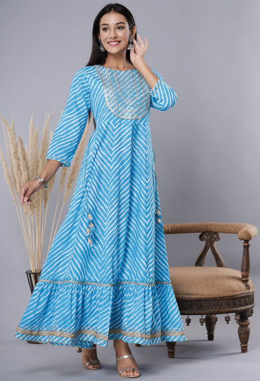 Juniper Women's Skyblue Printed Embroidered Mirror Work Sequin Cotton Flared Dress | Swadesiicart