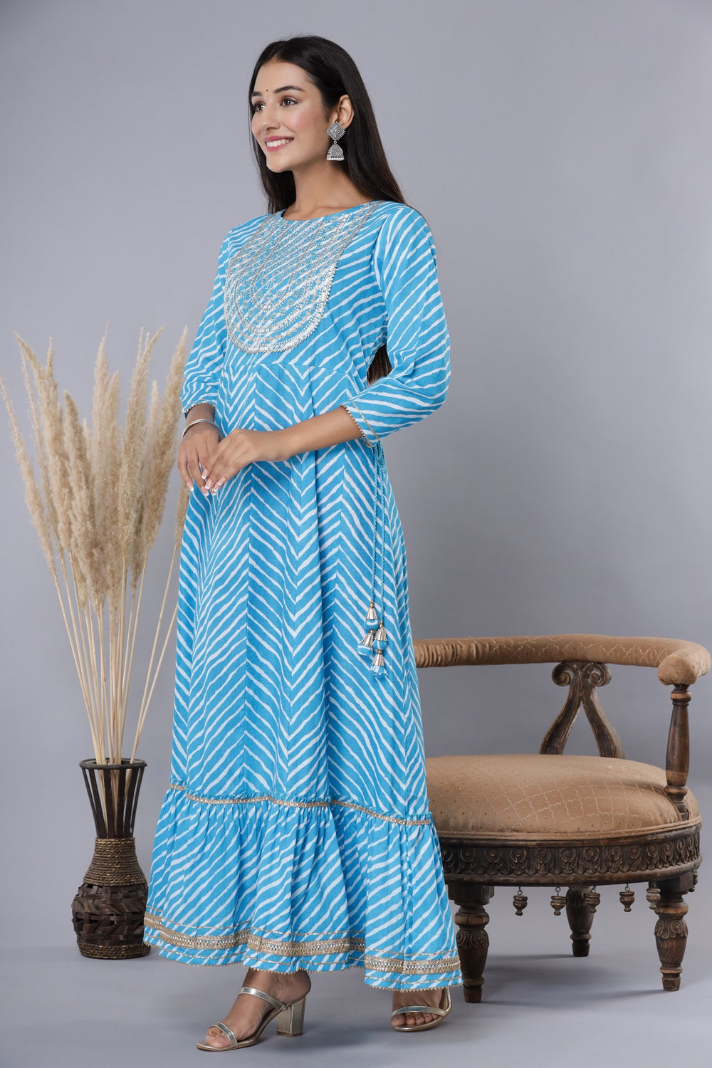Juniper Women's Skyblue Printed Embroidered Mirror Work Sequin Cotton Flared Dress | Swadesiicart