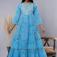 Juniper Women's Skyblue Printed Embroidered Mirror Work Sequin Cotton Flared Dress | Swadesiicart