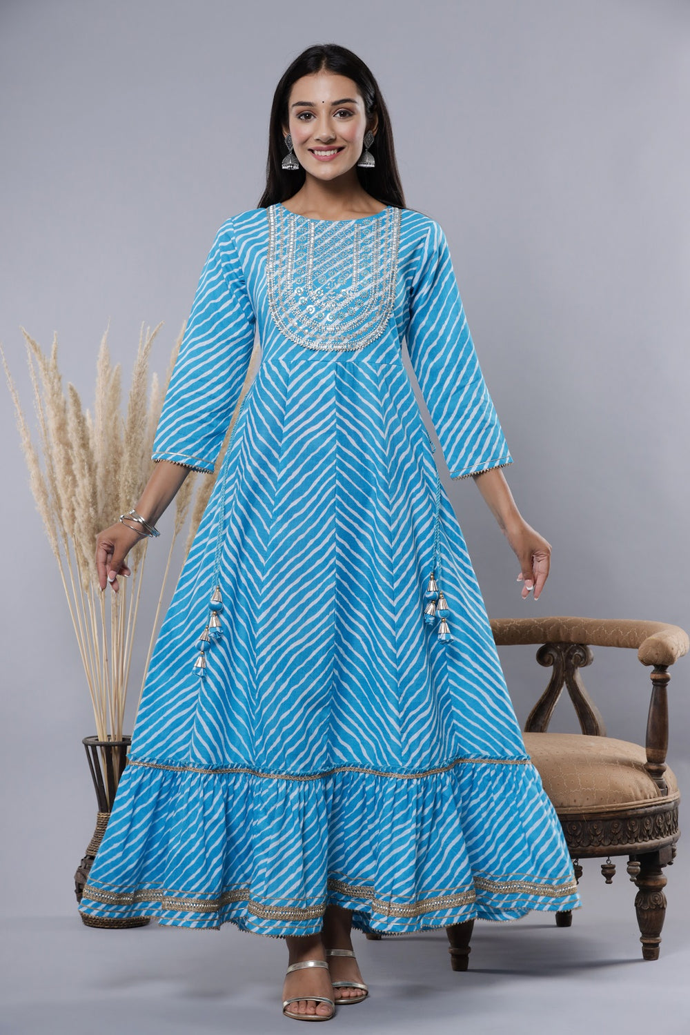 Juniper Women's Skyblue Printed Embroidered Mirror Work Sequin Cotton Flared Dress | Swadesiicart