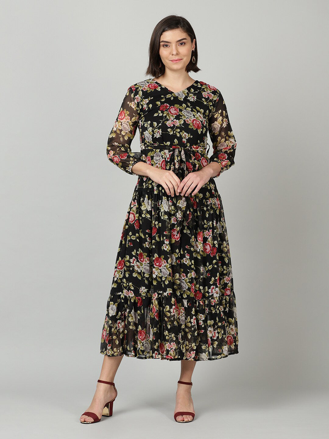 Souchii Black & Pink Floral Chiffon Midi Dress - SOUCHII