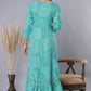 Juniper Women's Green Printed Embroidered Mirror Work Sequin Cotton Flared Dress | Swadesiicart