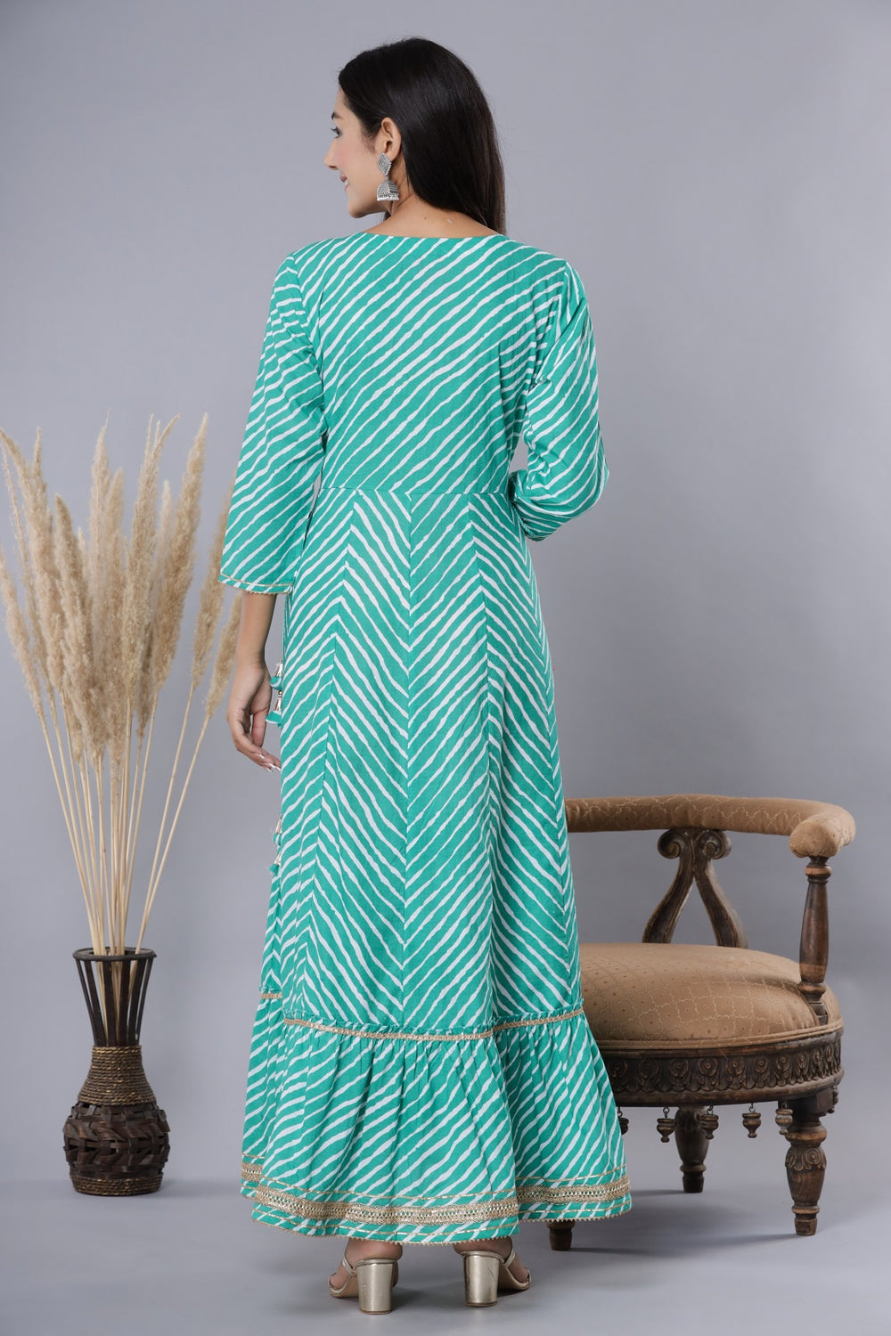 Juniper Women's Green Printed Embroidered Mirror Work Sequin Cotton Flared Dress | Swadesiicart