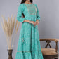 Juniper Women's Green Printed Embroidered Mirror Work Sequin Cotton Flared Dress | Swadesiicart