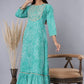 Juniper Women's Green Printed Embroidered Mirror Work Sequin Cotton Flared Dress | Swadesiicart