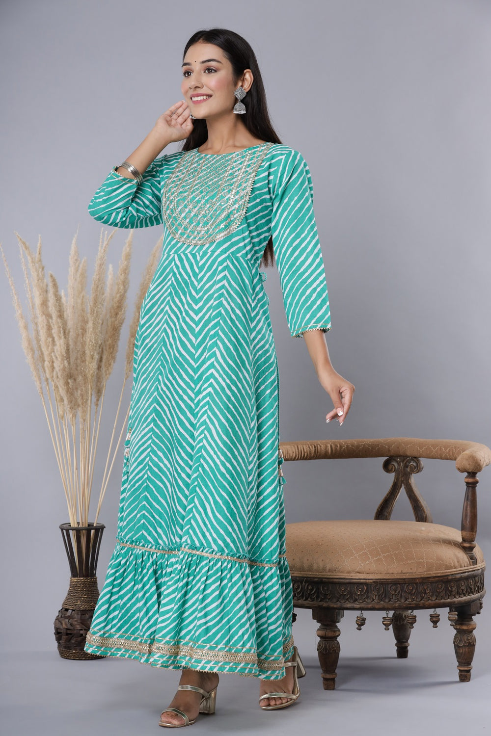 Juniper Women's Green Printed Embroidered Mirror Work Sequin Cotton Flared Dress | Swadesiicart