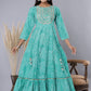 Juniper Women's Green Printed Embroidered Mirror Work Sequin Cotton Flared Dress | Swadesiicart