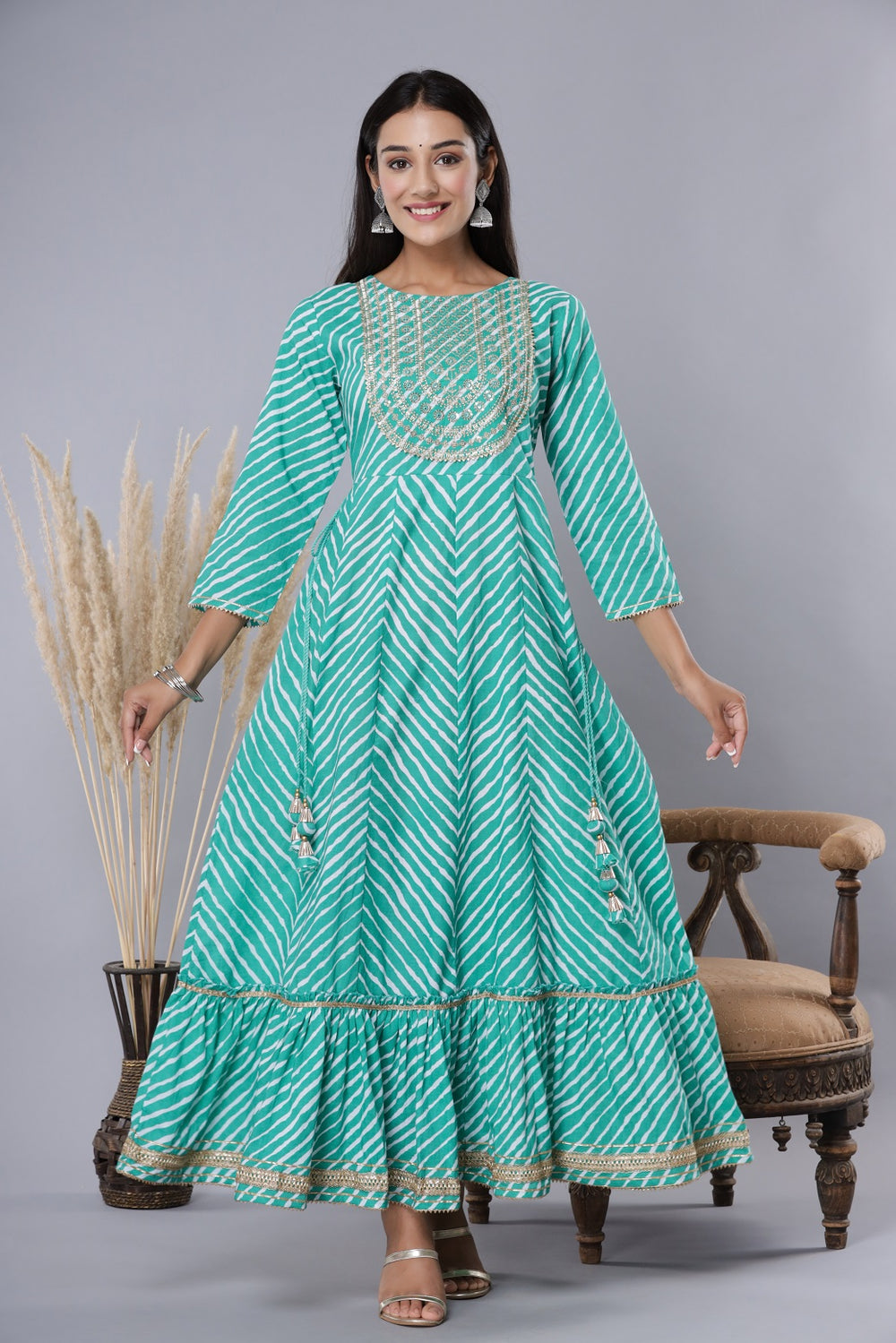 Juniper Women's Green Printed Embroidered Mirror Work Sequin Cotton Flared Dress | Swadesiicart
