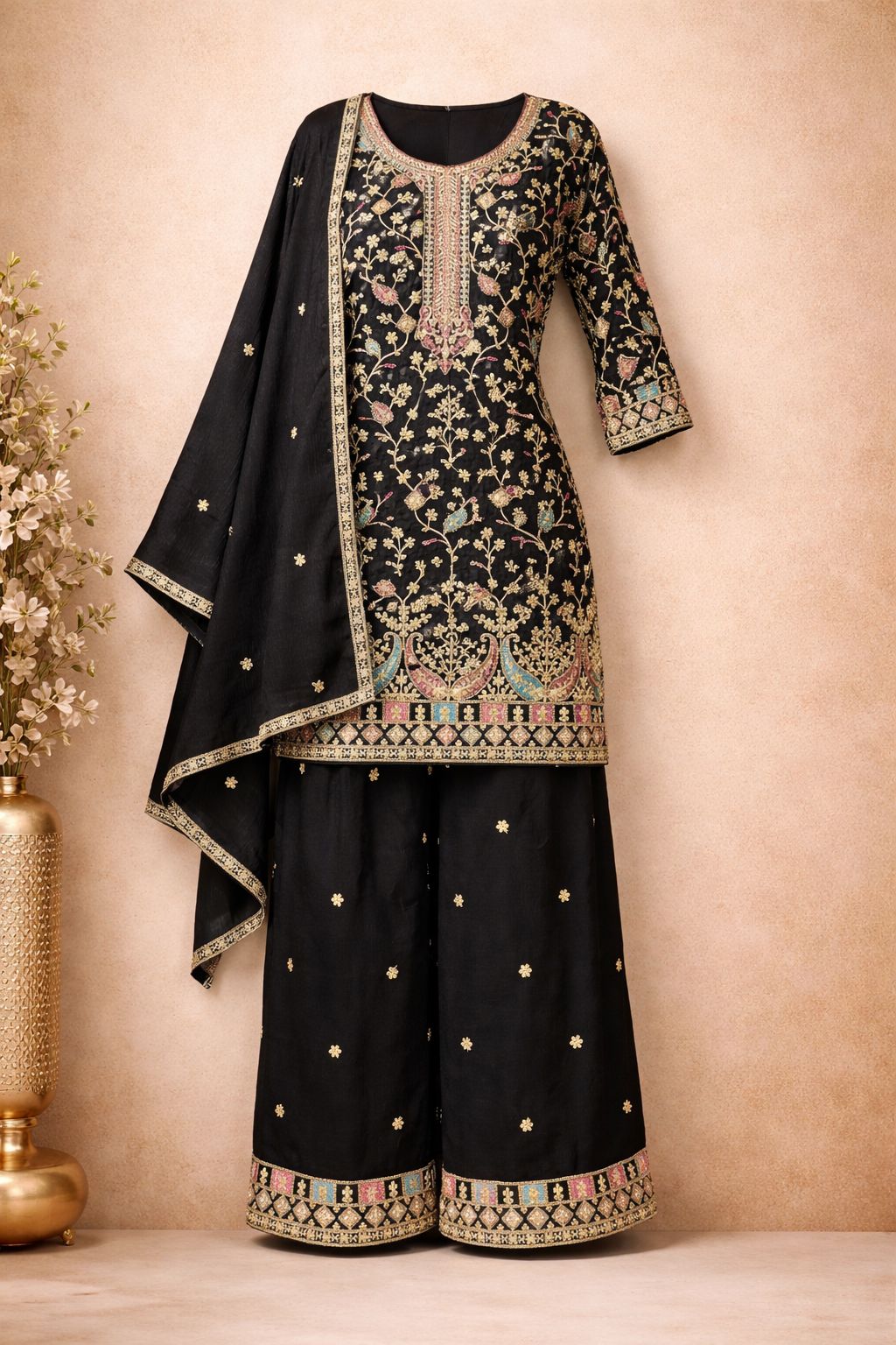 Anaita Black Chinon Stitched Plazzo Suit With Embroidery Work