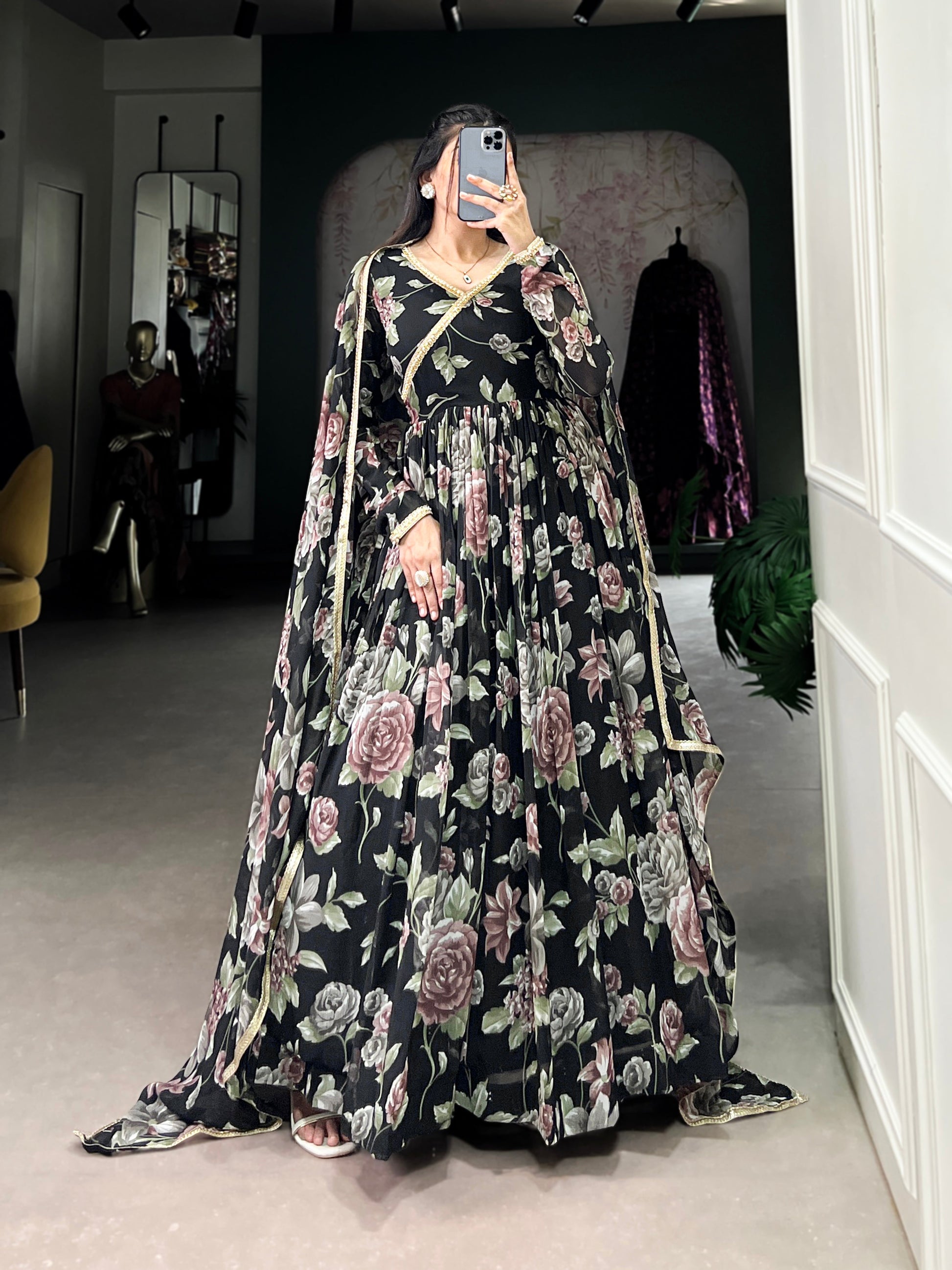 Lorenvalley Black Marbel Fabric Floral Print With Lace Touch Up Gown with Dupatta | Swadesiicart
