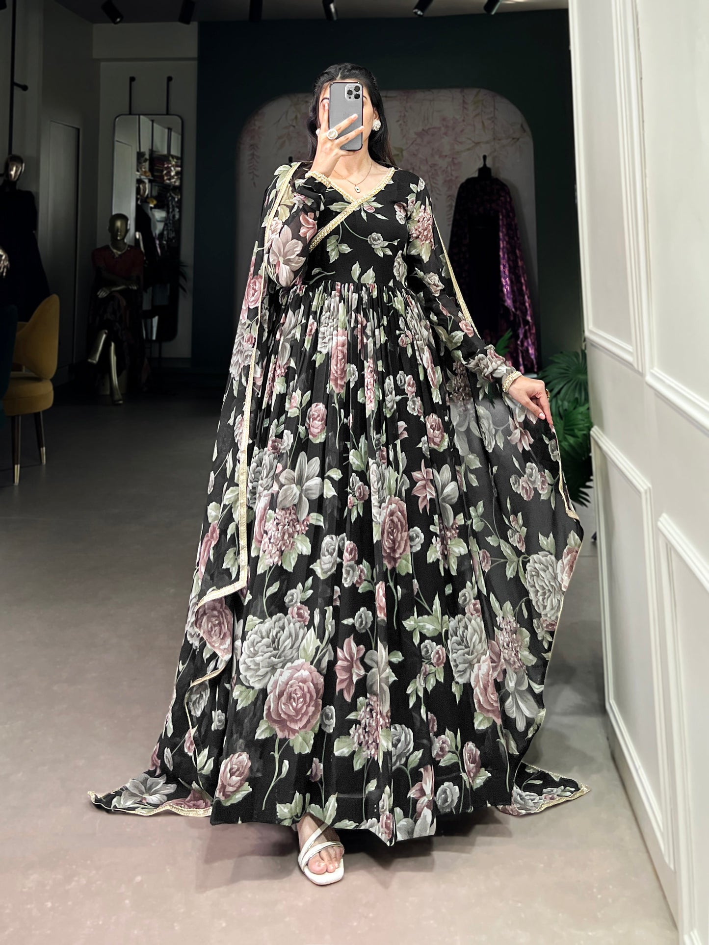 Lorenvalley Black Marbel Fabric Floral Print With Lace Touch Up Gown with Dupatta | Swadesiicart