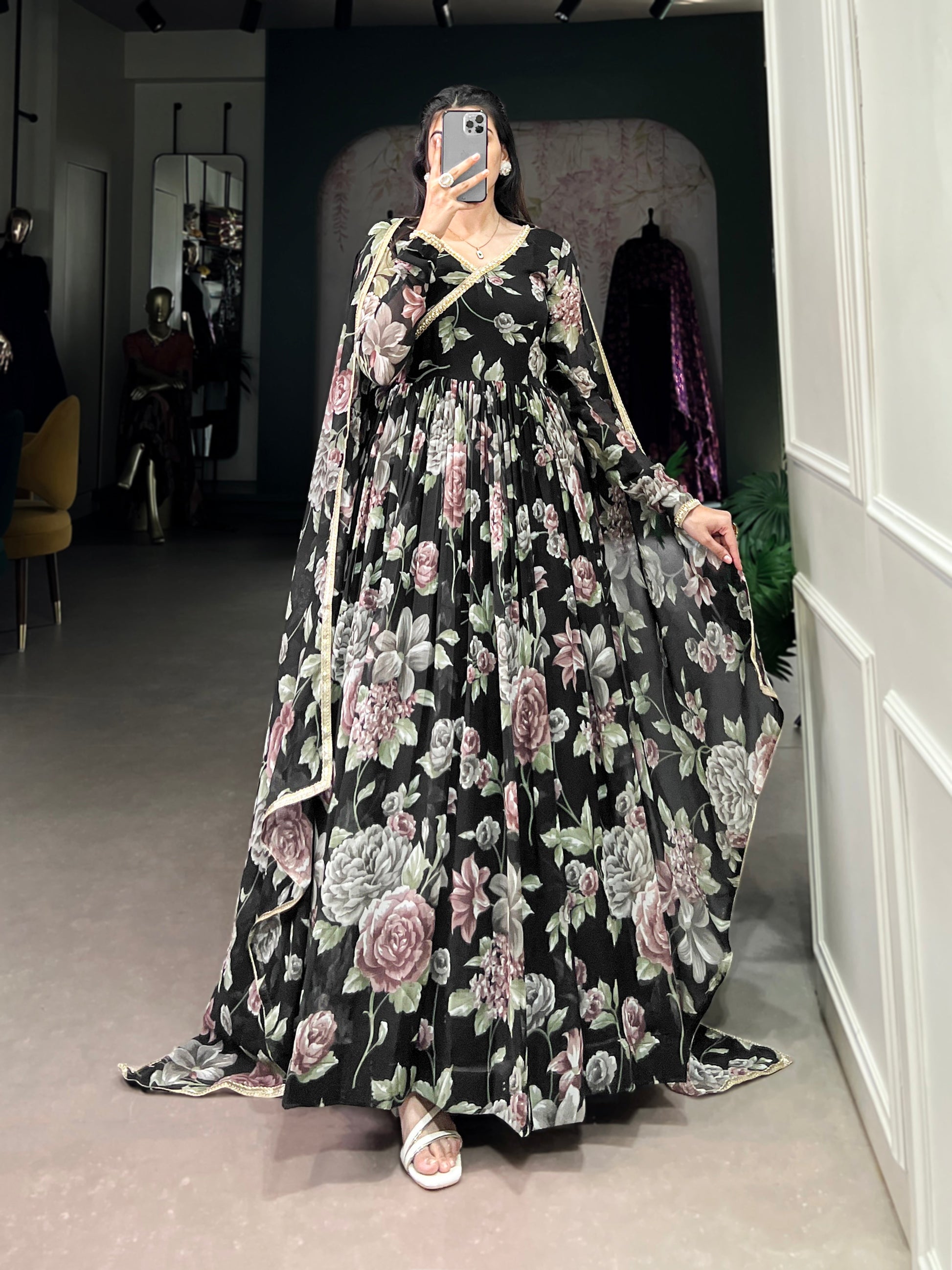 Lorenvalley Black Marbel Fabric Floral Print With Lace Touch Up Gown with Dupatta | Swadesiicart