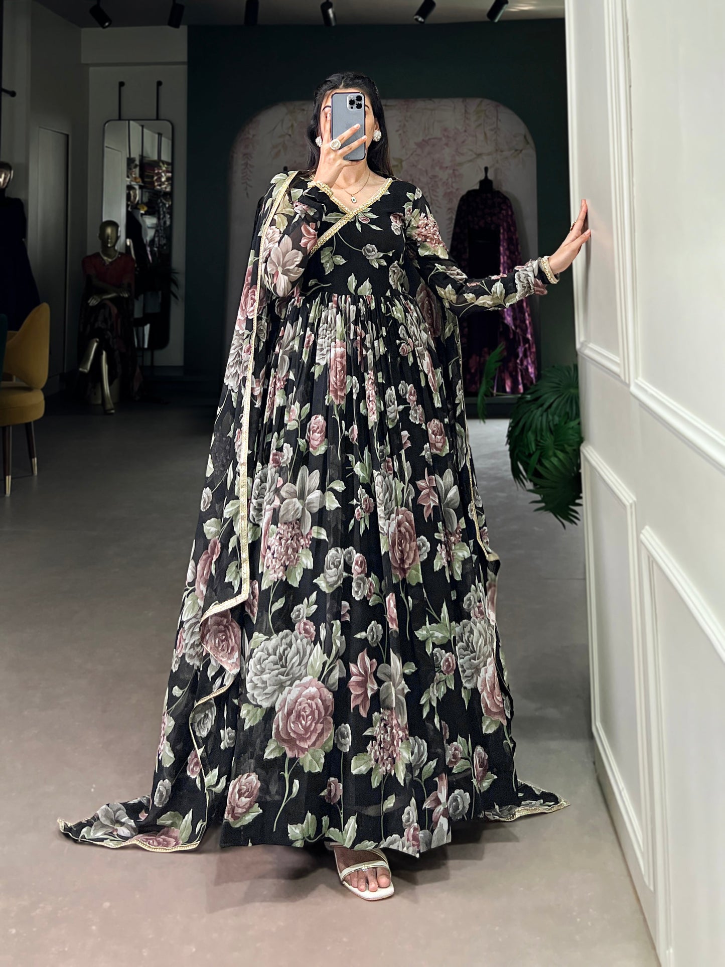 Lorenvalley Black Marbel Fabric Floral Print With Lace Touch Up Gown with Dupatta | Swadesiicart