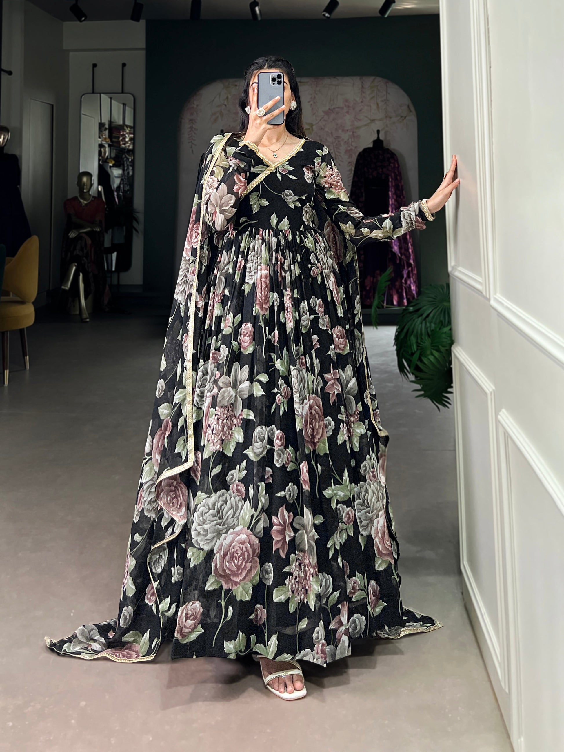 Lorenvalley Black Marbel Fabric Floral Print With Lace Touch Up Gown with Dupatta | Swadesiicart