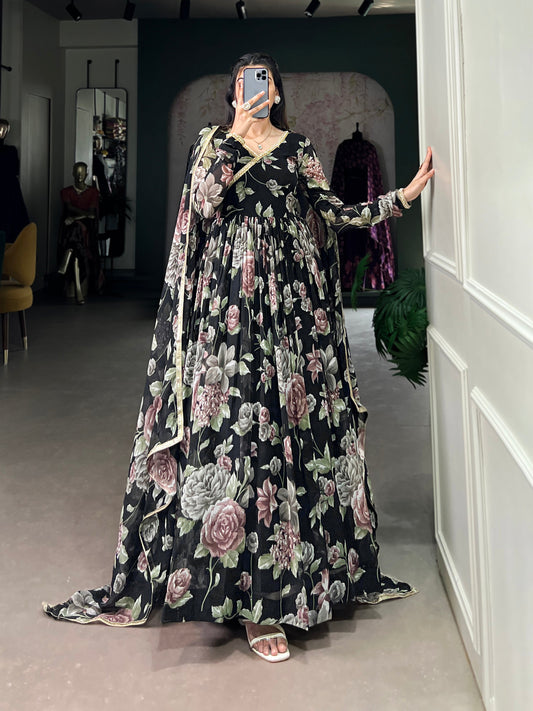 Lorenvalley Black Marbel Fabric Floral Print With Lace Touch Up Gown with Dupatta | Swadesiicart