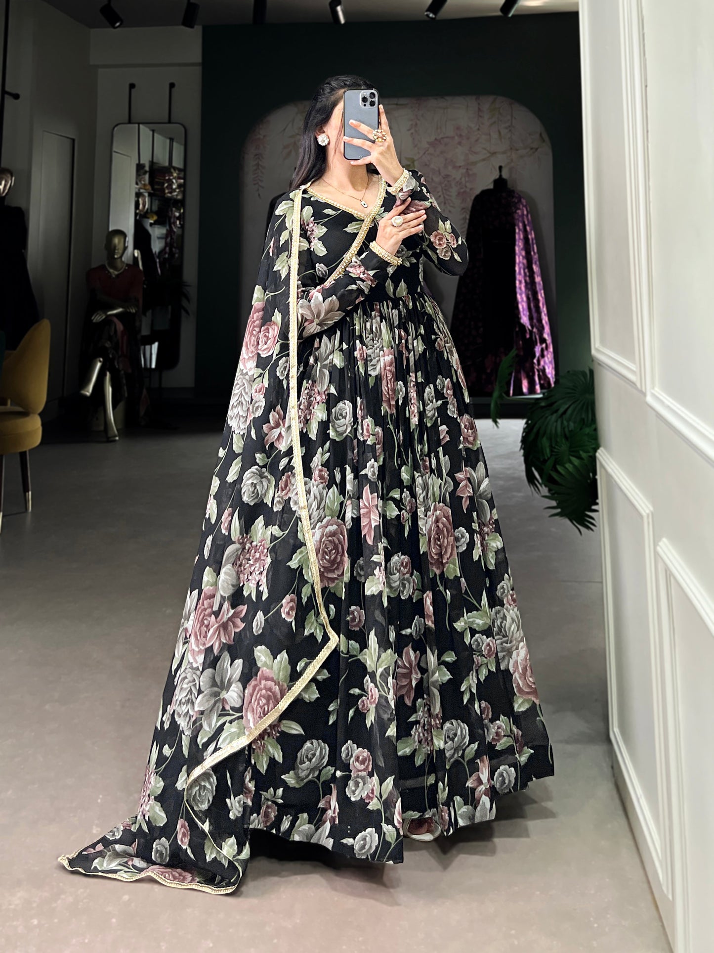 Lorenvalley Black Marbel Fabric Floral Print With Lace Touch Up Gown with Dupatta | Swadesiicart