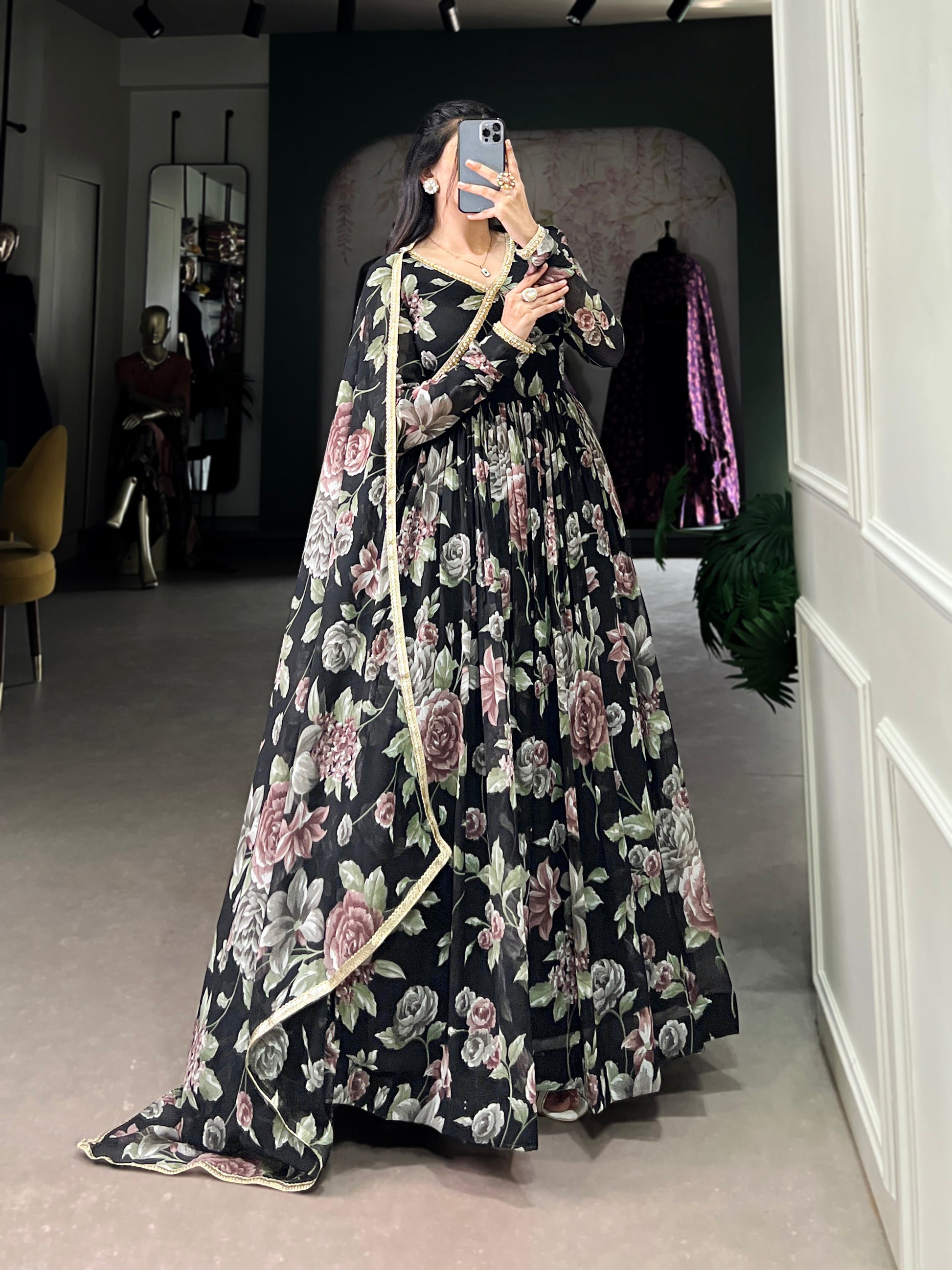 Lorenvalley Black Marbel Fabric Floral Print With Lace Touch Up Gown with Dupatta | Swadesiicart