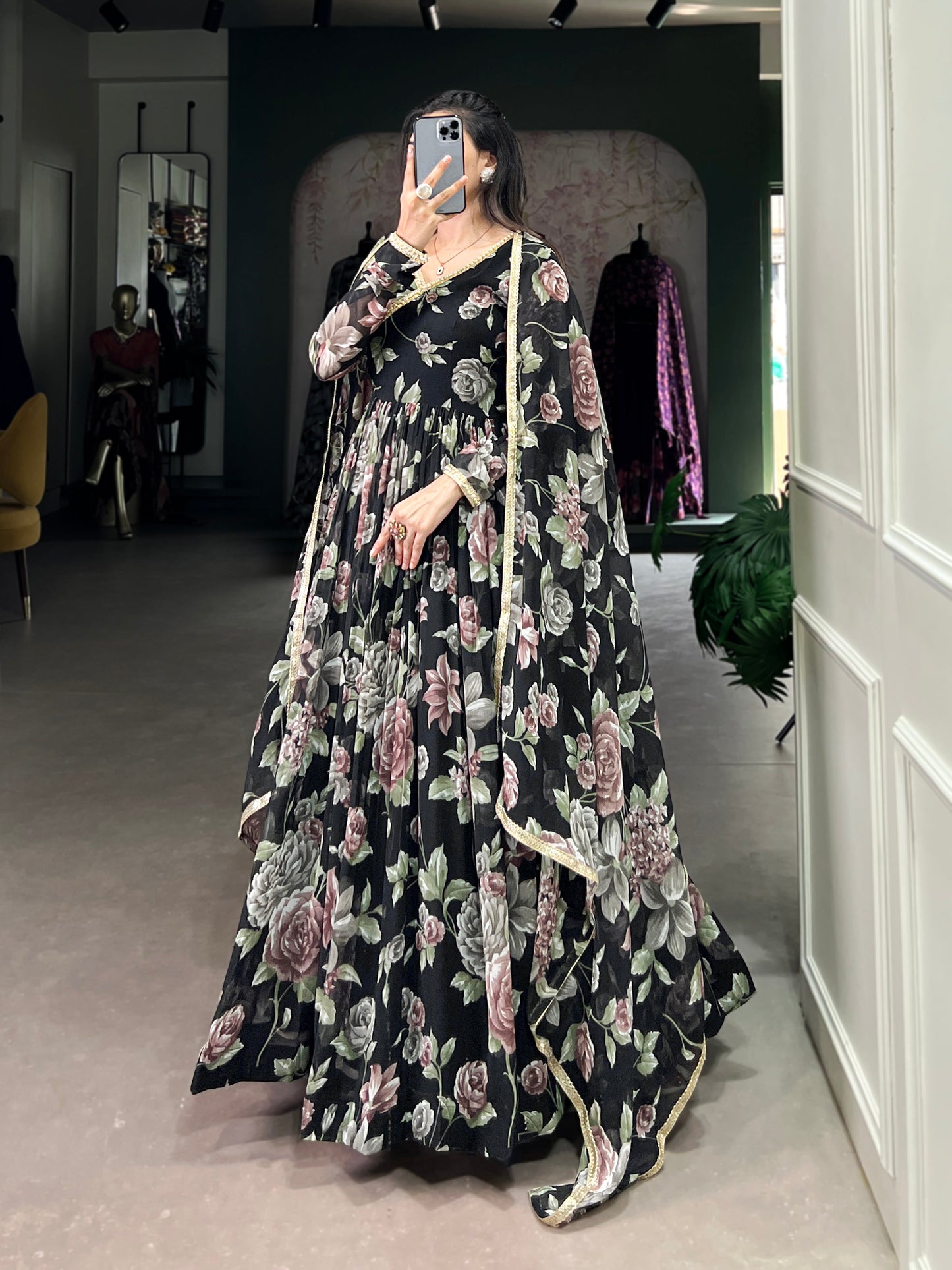 Lorenvalley Black Marbel Fabric Floral Print With Lace Touch Up Gown with Dupatta | Swadesiicart