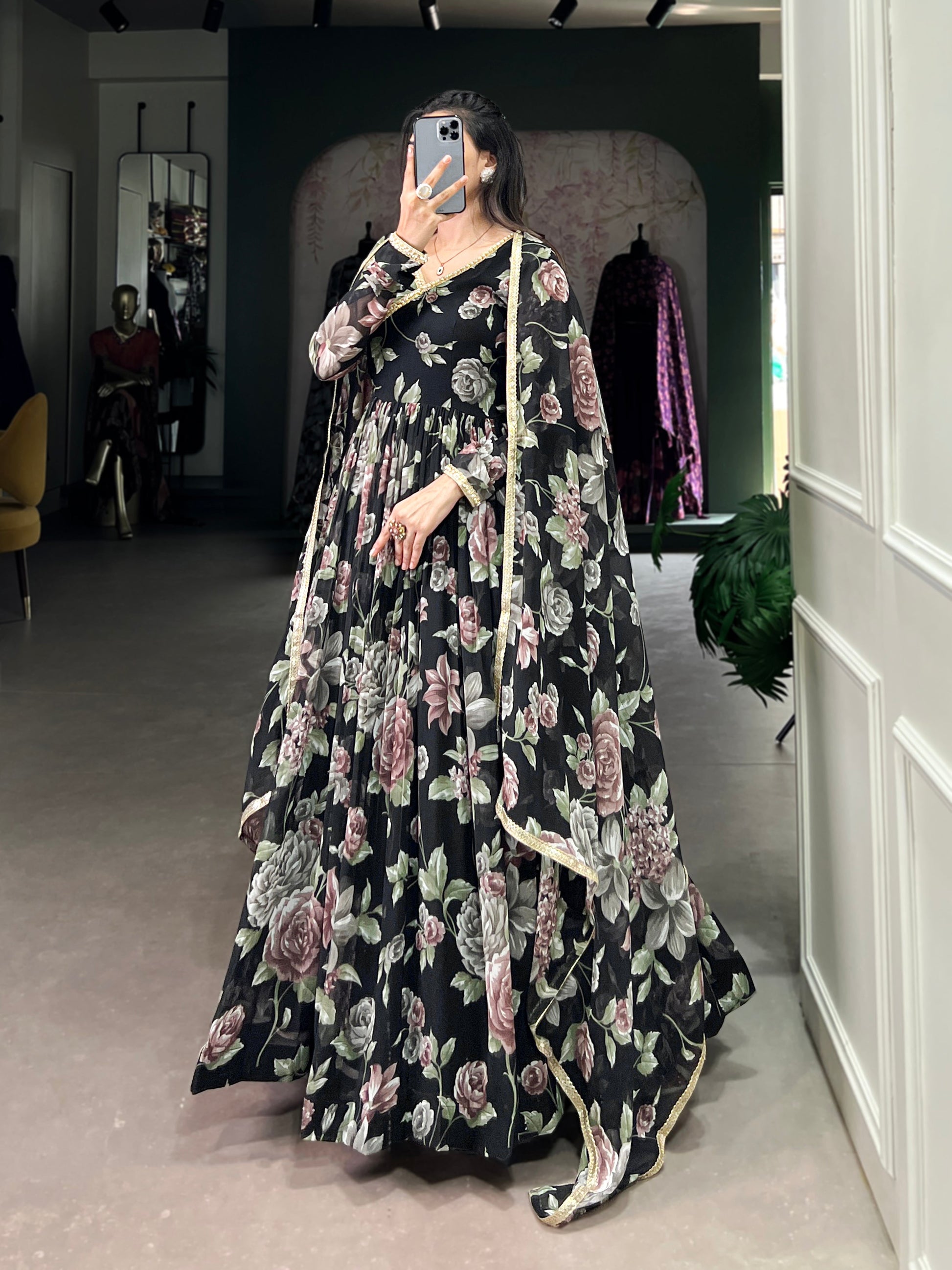 Lorenvalley Black Marbel Fabric Floral Print With Lace Touch Up Gown with Dupatta | Swadesiicart