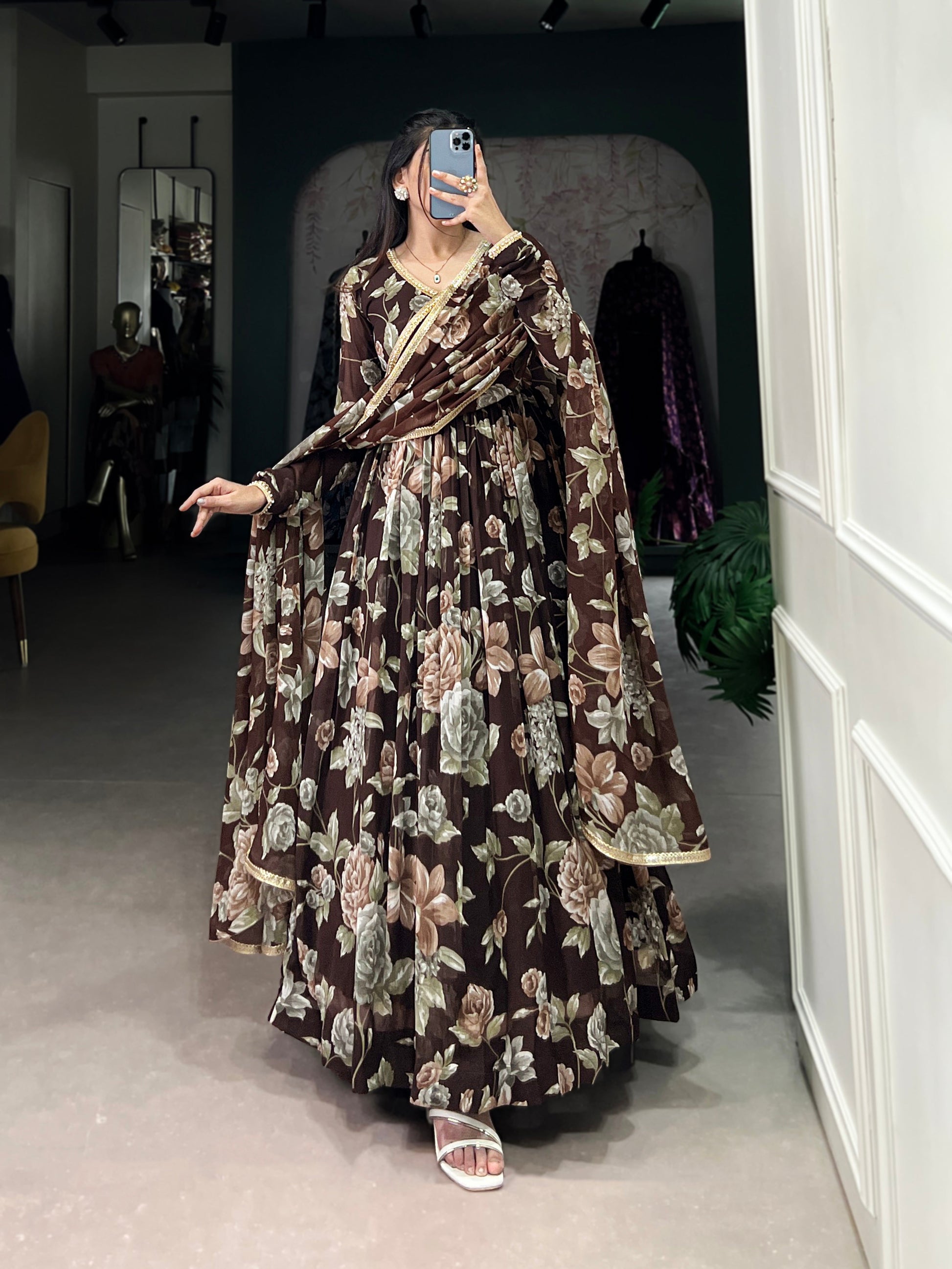 Lorenvalley Brown Marbel Fabric Floral Print With Lace Touch Up Gown with Dupatta | Swadesiicart