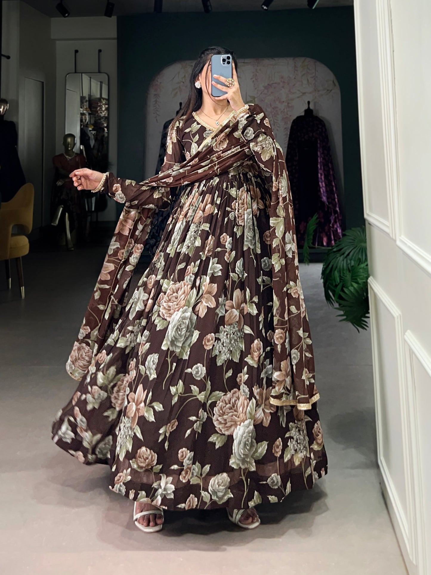 Lorenvalley Brown Marbel Fabric Floral Print With Lace Touch Up Gown with Dupatta | Swadesiicart