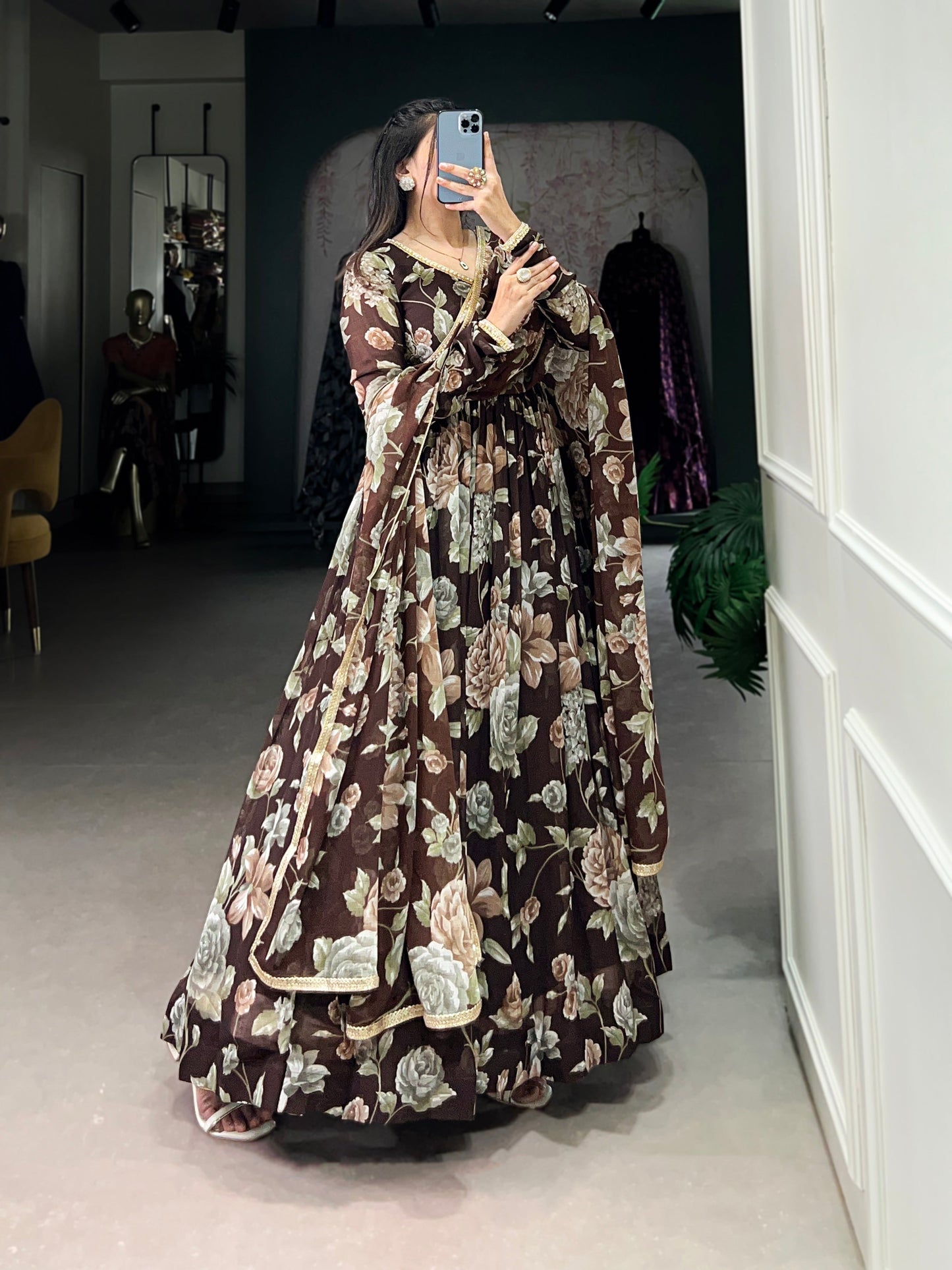Lorenvalley Brown Marbel Fabric Floral Print With Lace Touch Up Gown with Dupatta | Swadesiicart