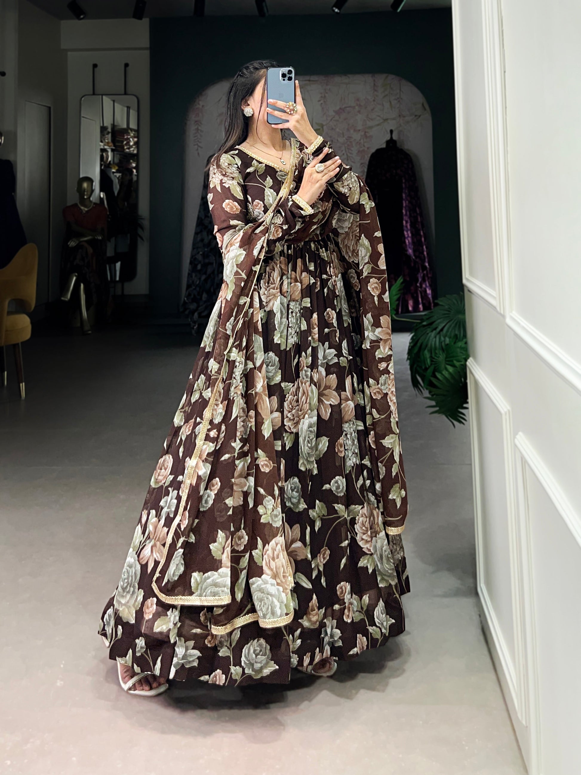 Lorenvalley Brown Marbel Fabric Floral Print With Lace Touch Up Gown with Dupatta | Swadesiicart