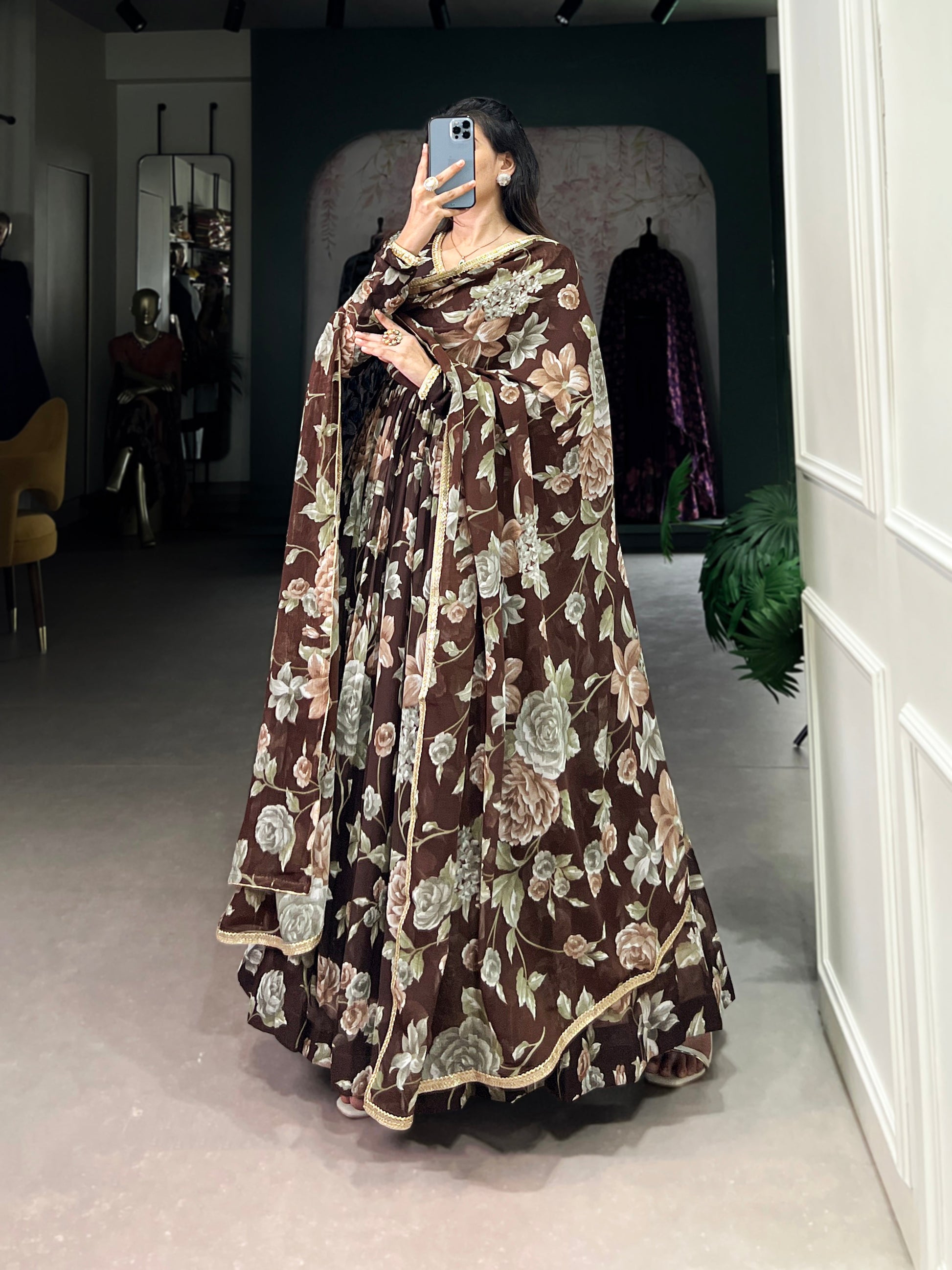 Lorenvalley Brown Marbel Fabric Floral Print With Lace Touch Up Gown with Dupatta | Swadesiicart