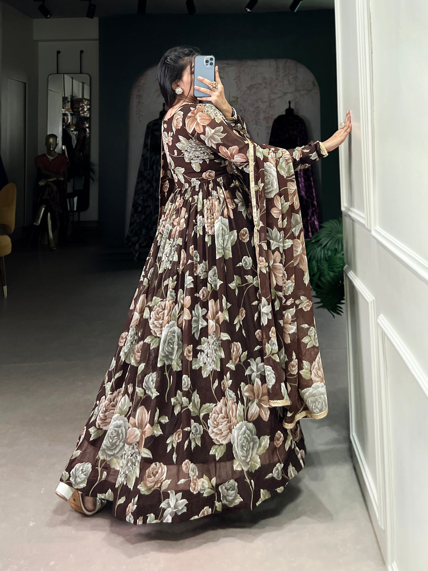 Lorenvalley Brown Marbel Fabric Floral Print With Lace Touch Up Gown with Dupatta | Swadesiicart