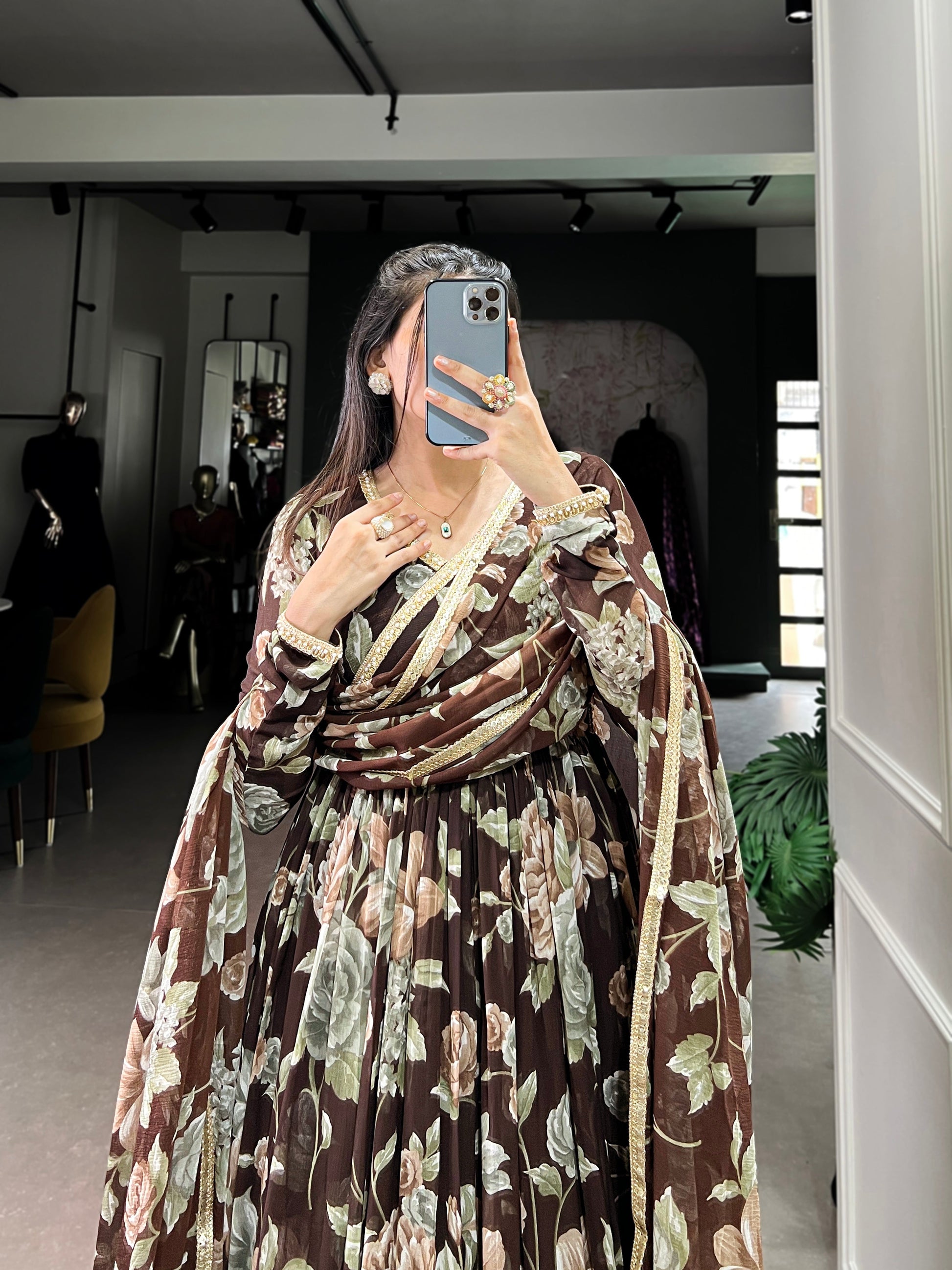 Lorenvalley Brown Marbel Fabric Floral Print With Lace Touch Up Gown with Dupatta | Swadesiicart