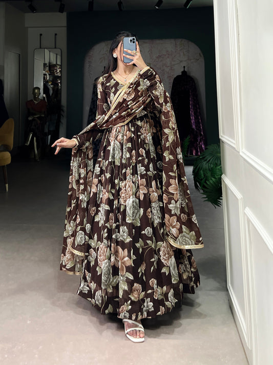 Lorenvalley Brown Marbel Fabric Floral Print With Lace Touch Up Gown with Dupatta | Swadesiicart