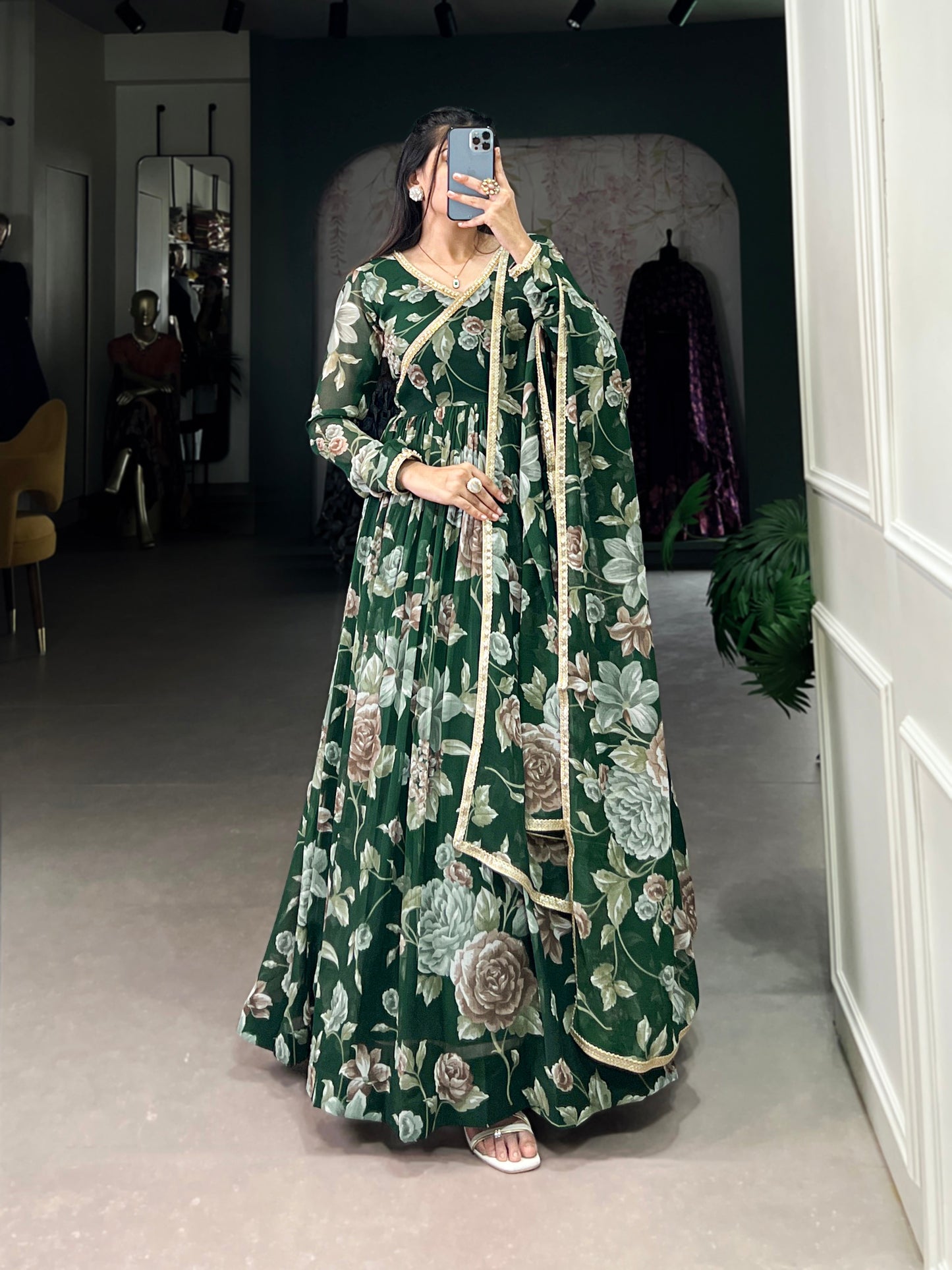 Lorenvalley Green Marbel Fabric Floral Print With Lace Touch Up Gown with Dupatta | Swadesiicart