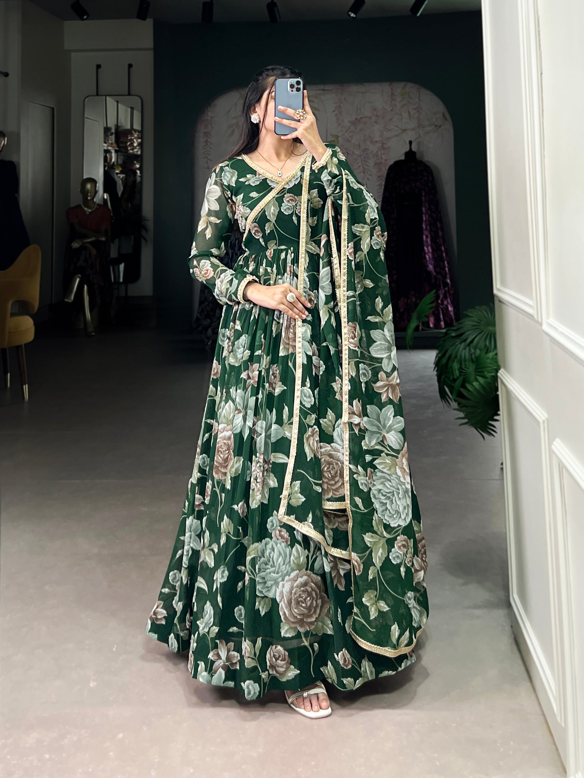 Lorenvalley Green Marbel Fabric Floral Print With Lace Touch Up Gown with Dupatta | Swadesiicart
