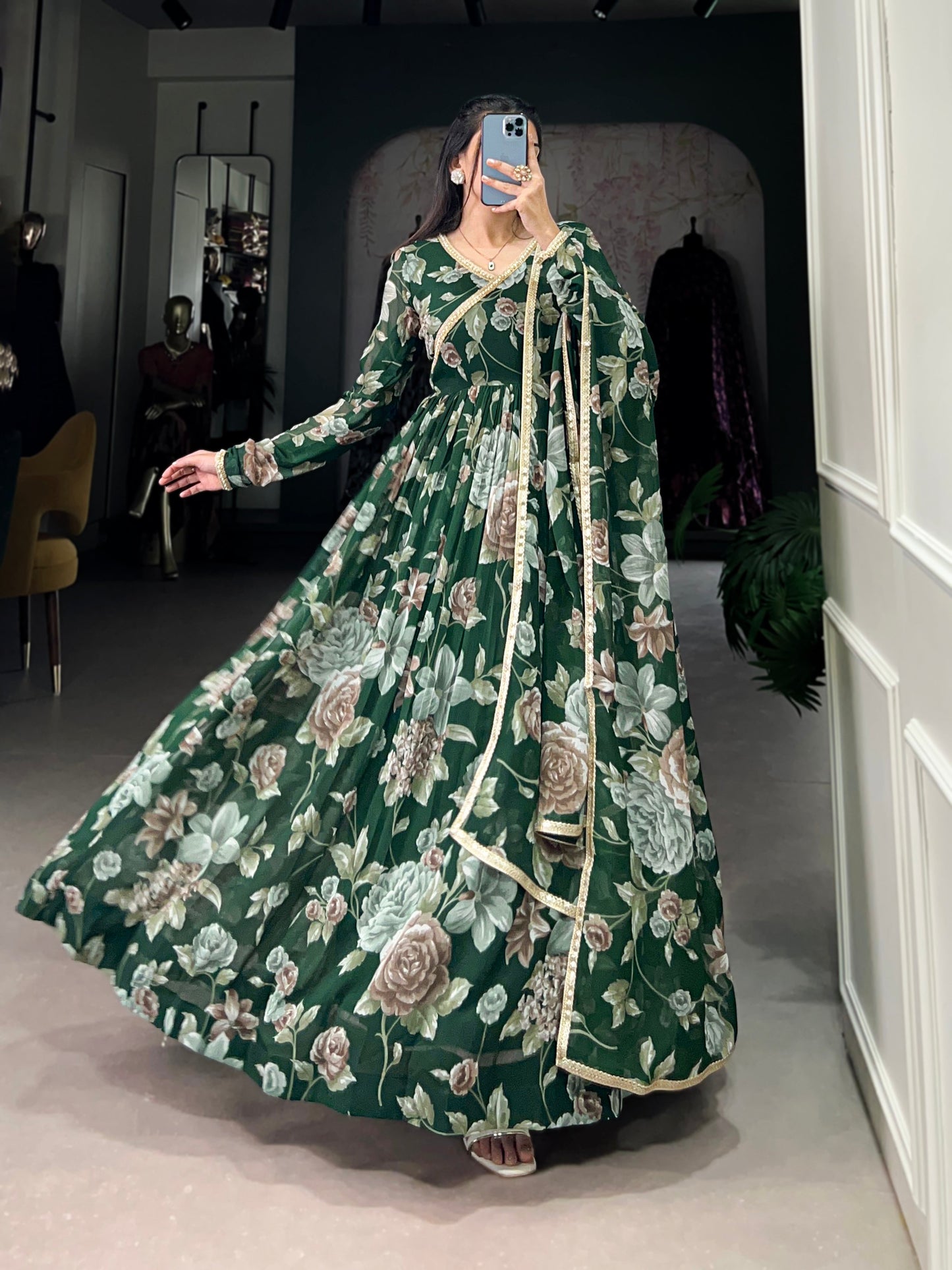 Lorenvalley Green Marbel Fabric Floral Print With Lace Touch Up Gown with Dupatta | Swadesiicart