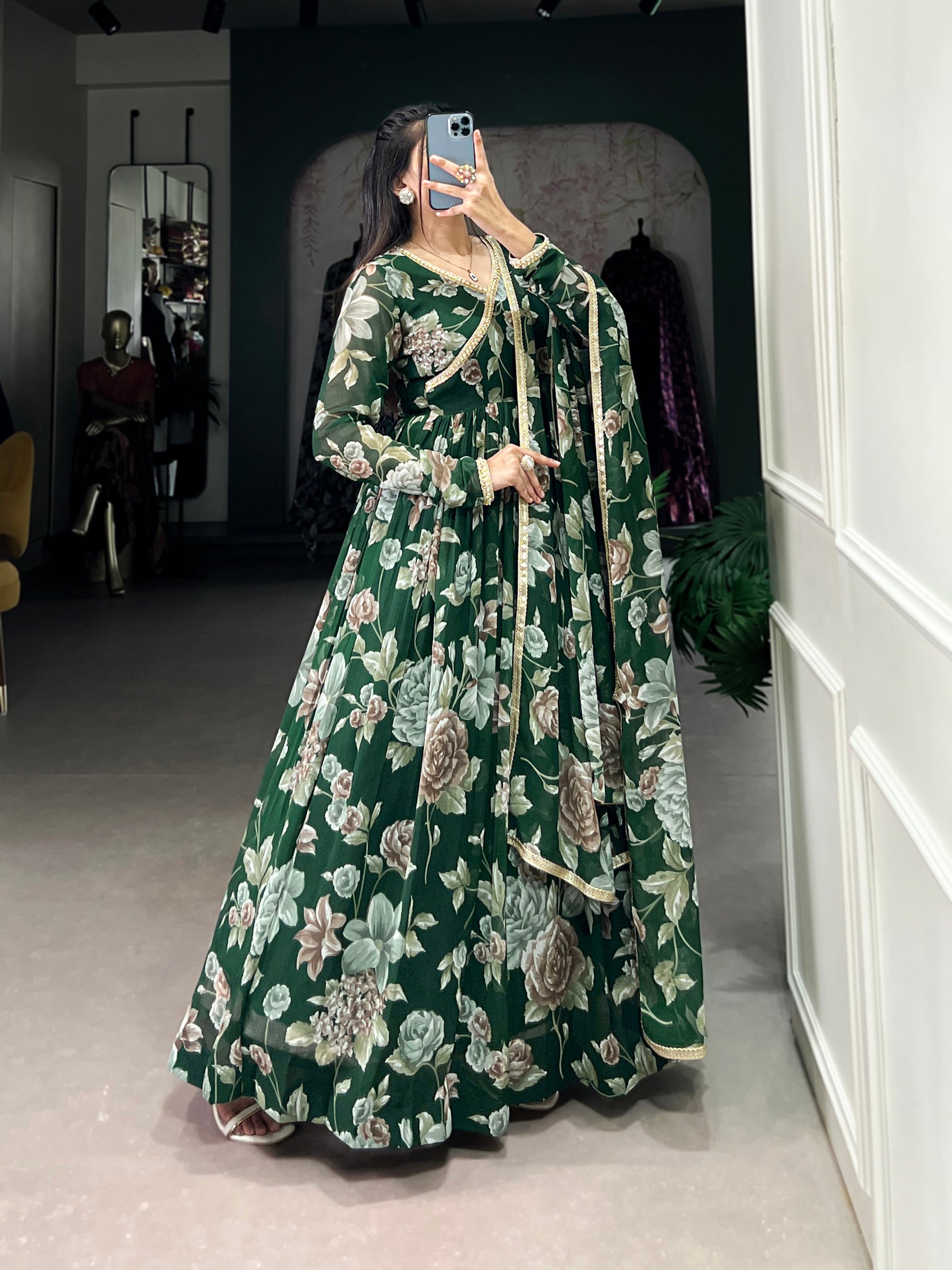 Lorenvalley Green Marbel Fabric Floral Print With Lace Touch Up Gown with Dupatta | Swadesiicart