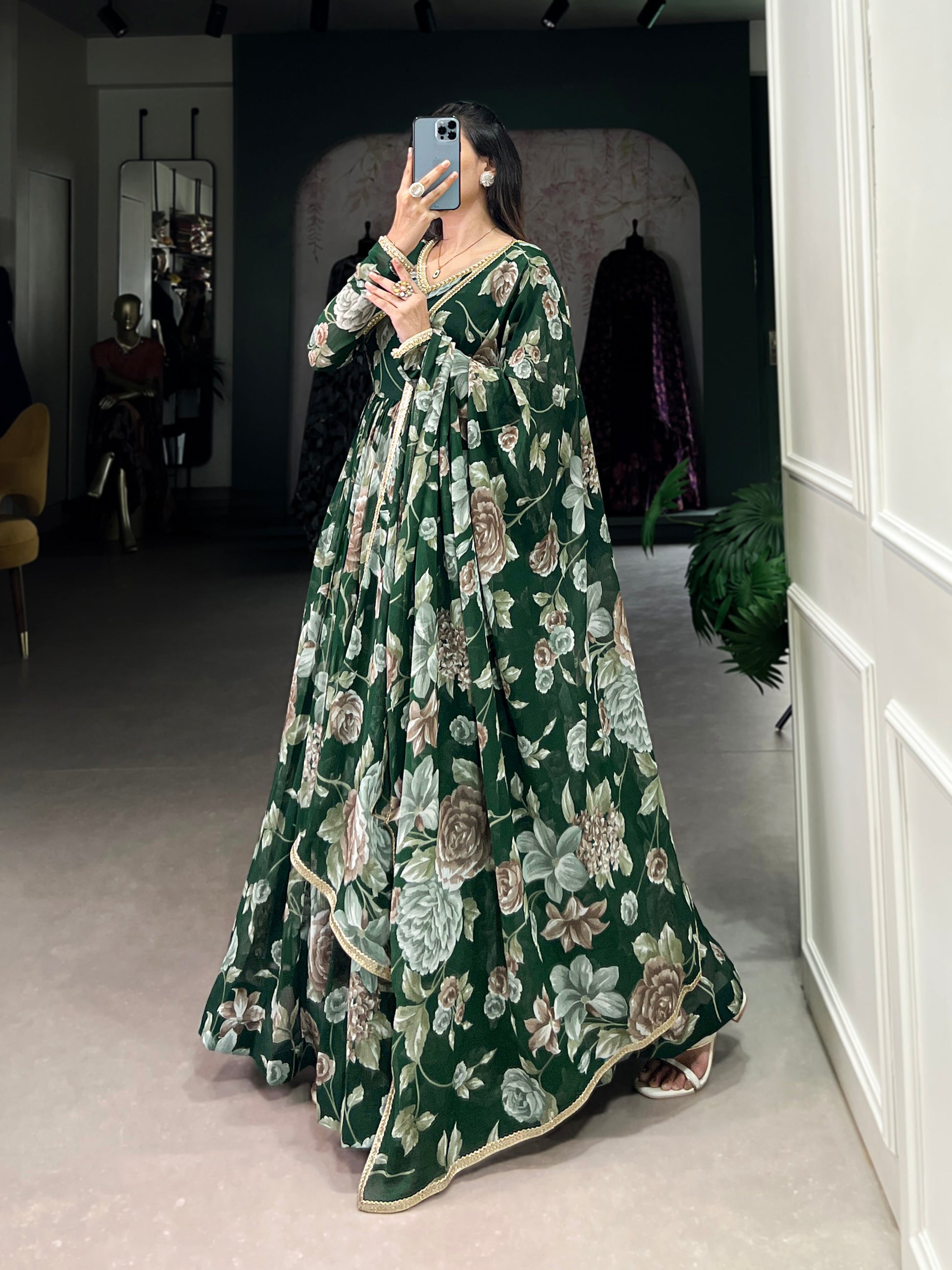 Lorenvalley Green Marbel Fabric Floral Print With Lace Touch Up Gown with Dupatta | Swadesiicart