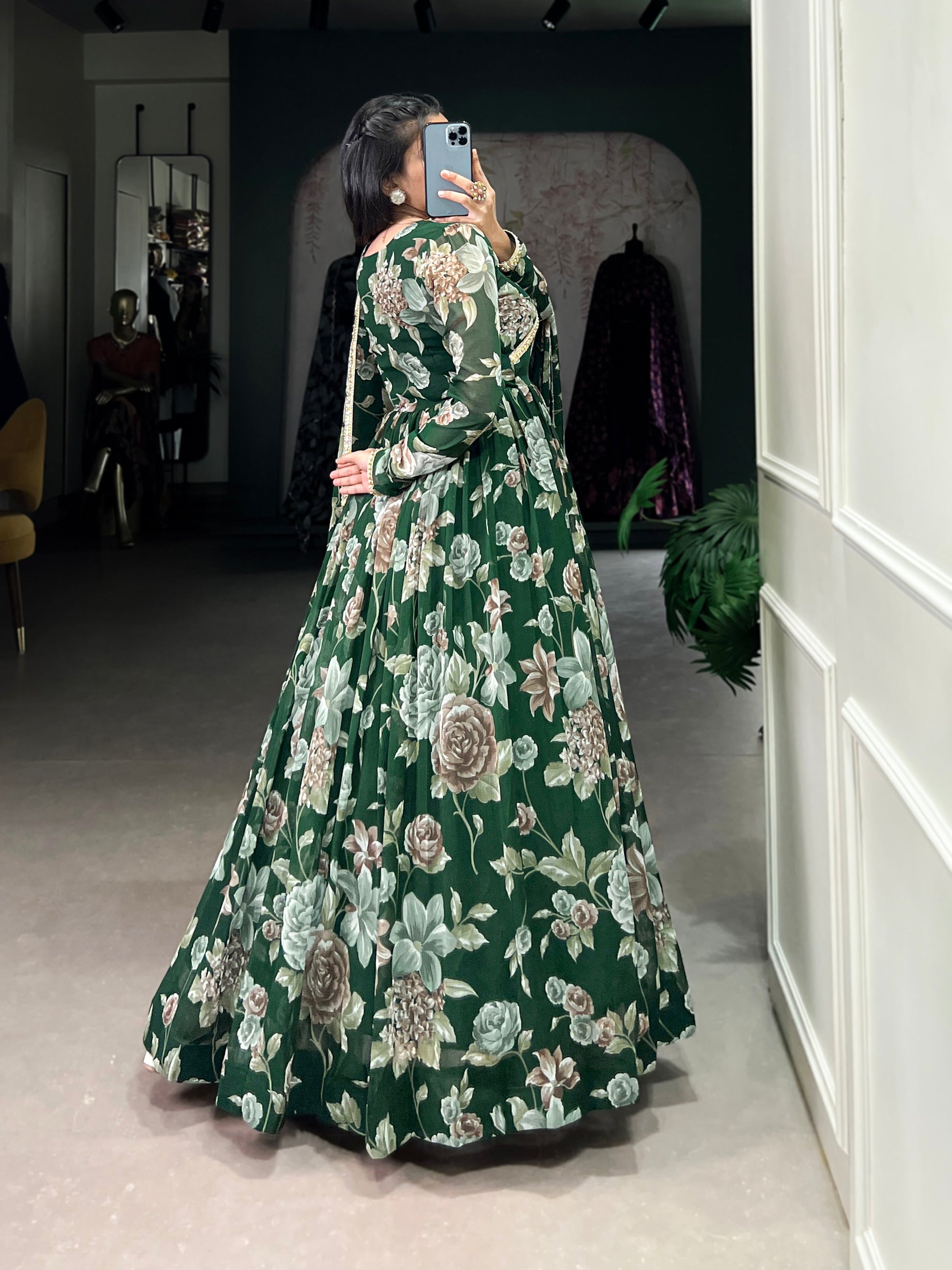 Lorenvalley Green Marbel Fabric Floral Print With Lace Touch Up Gown with Dupatta | Swadesiicart