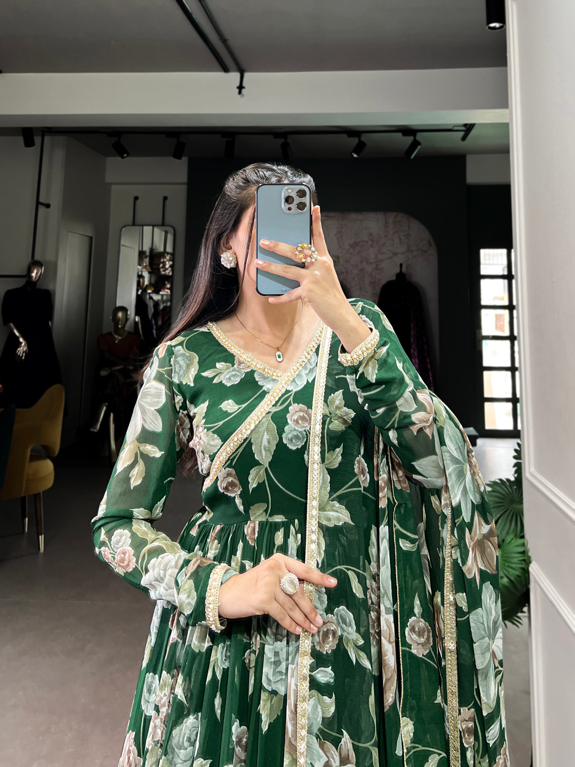 Lorenvalley Green Marbel Fabric Floral Print With Lace Touch Up Gown with Dupatta | Swadesiicart