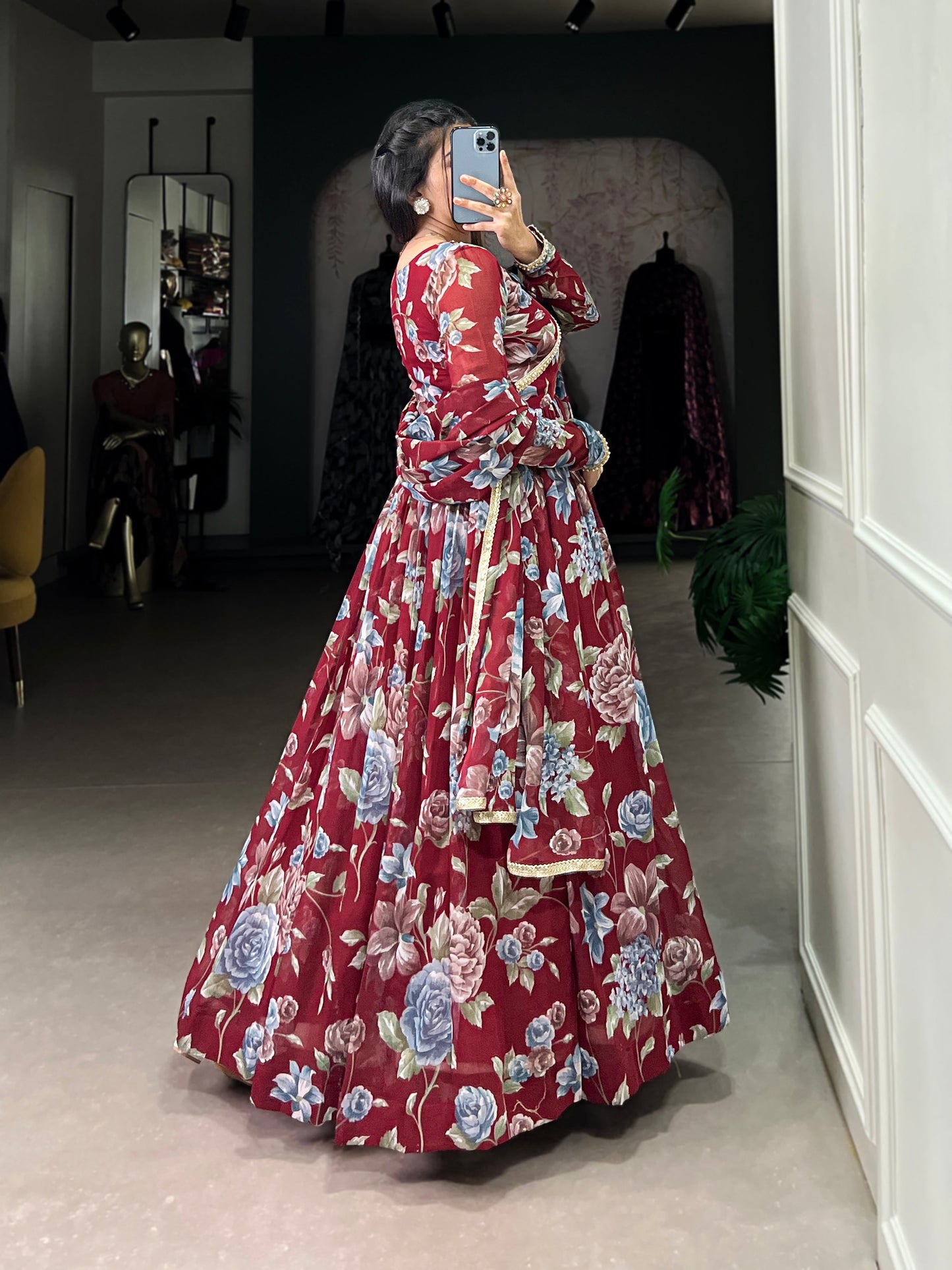 Lorenvalley Maroon Marbel Fabric Floral Print With Lace Touch Up Gown with Dupatta | Swadesiicart