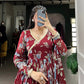 Lorenvalley Maroon Marbel Fabric Floral Print With Lace Touch Up Gown with Dupatta | Swadesiicart