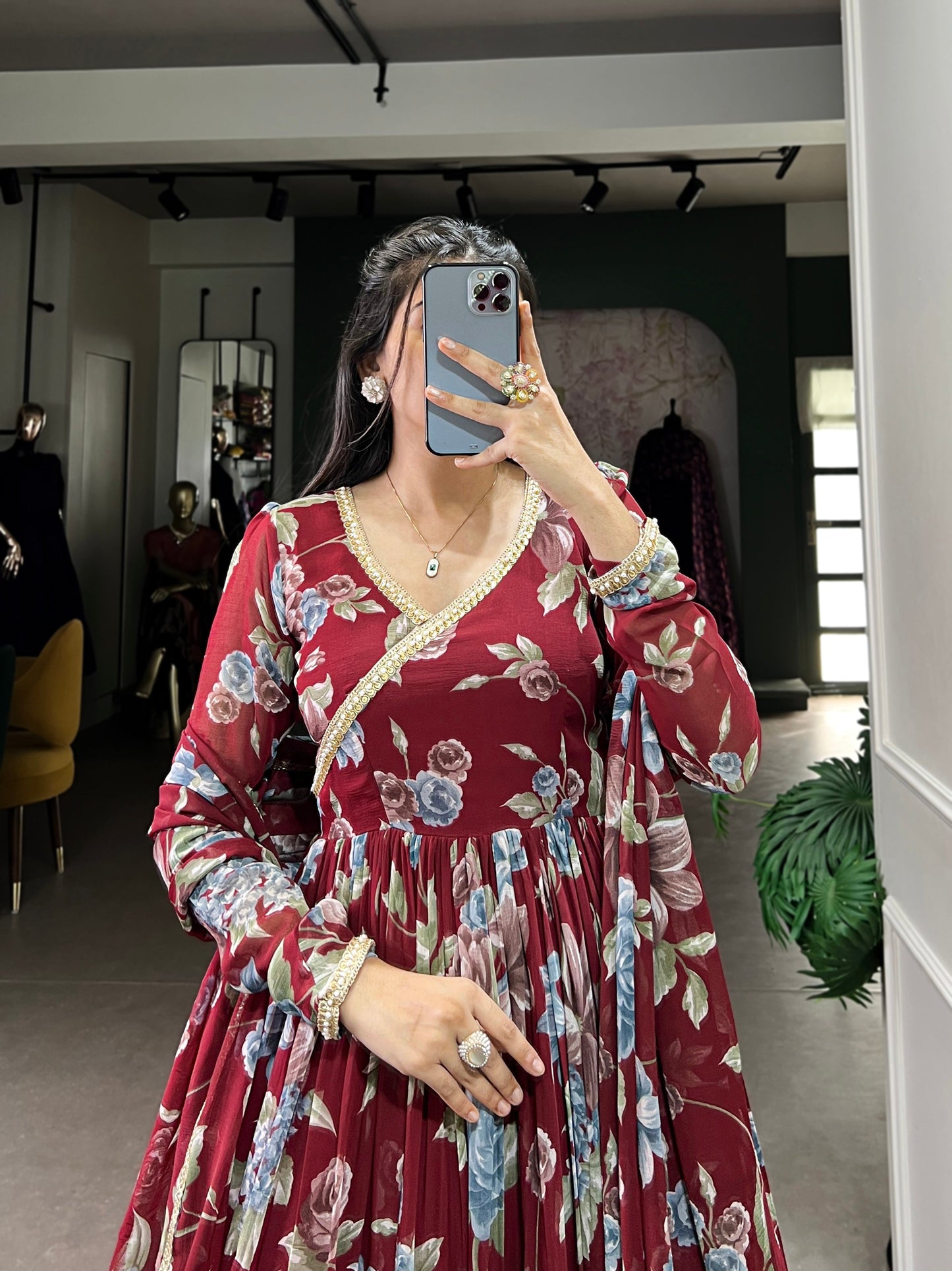 Lorenvalley Maroon Marbel Fabric Floral Print With Lace Touch Up Gown with Dupatta | Swadesiicart