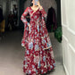 Lorenvalley Maroon Marbel Fabric Floral Print With Lace Touch Up Gown with Dupatta | Swadesiicart