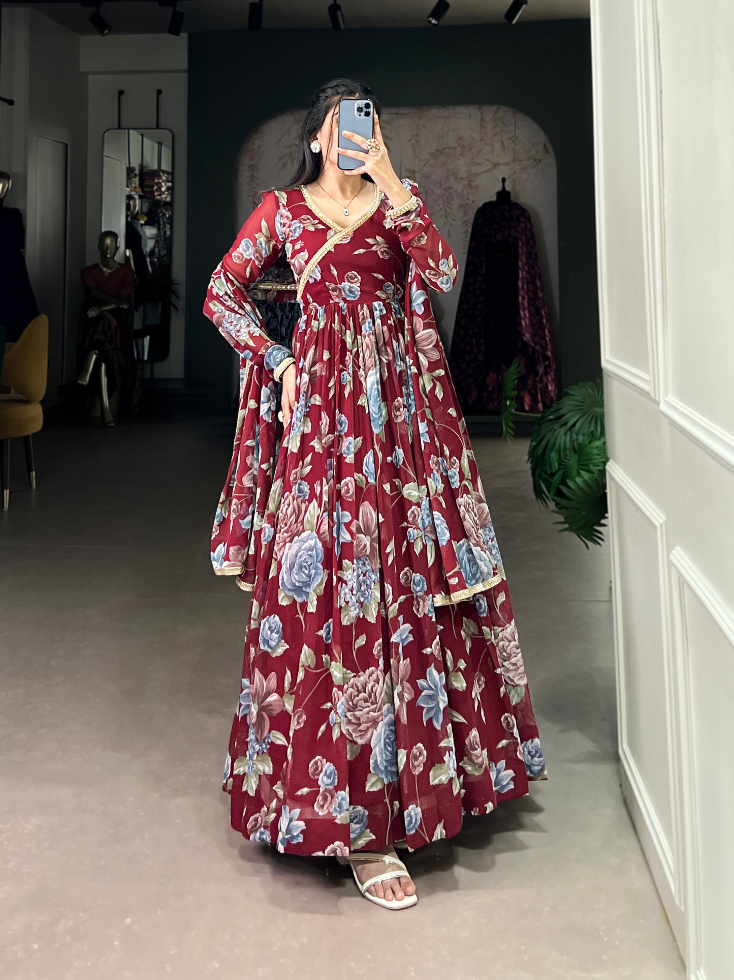 Lorenvalley Maroon Marbel Fabric Floral Print With Lace Touch Up Gown with Dupatta | Swadesiicart